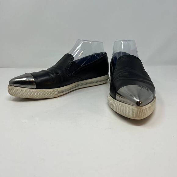 Miu Miu Loafers Women's 38.5 Black Leather Silver Toe Cap Slip On Luxury Shoes - Picture 3 of 16
